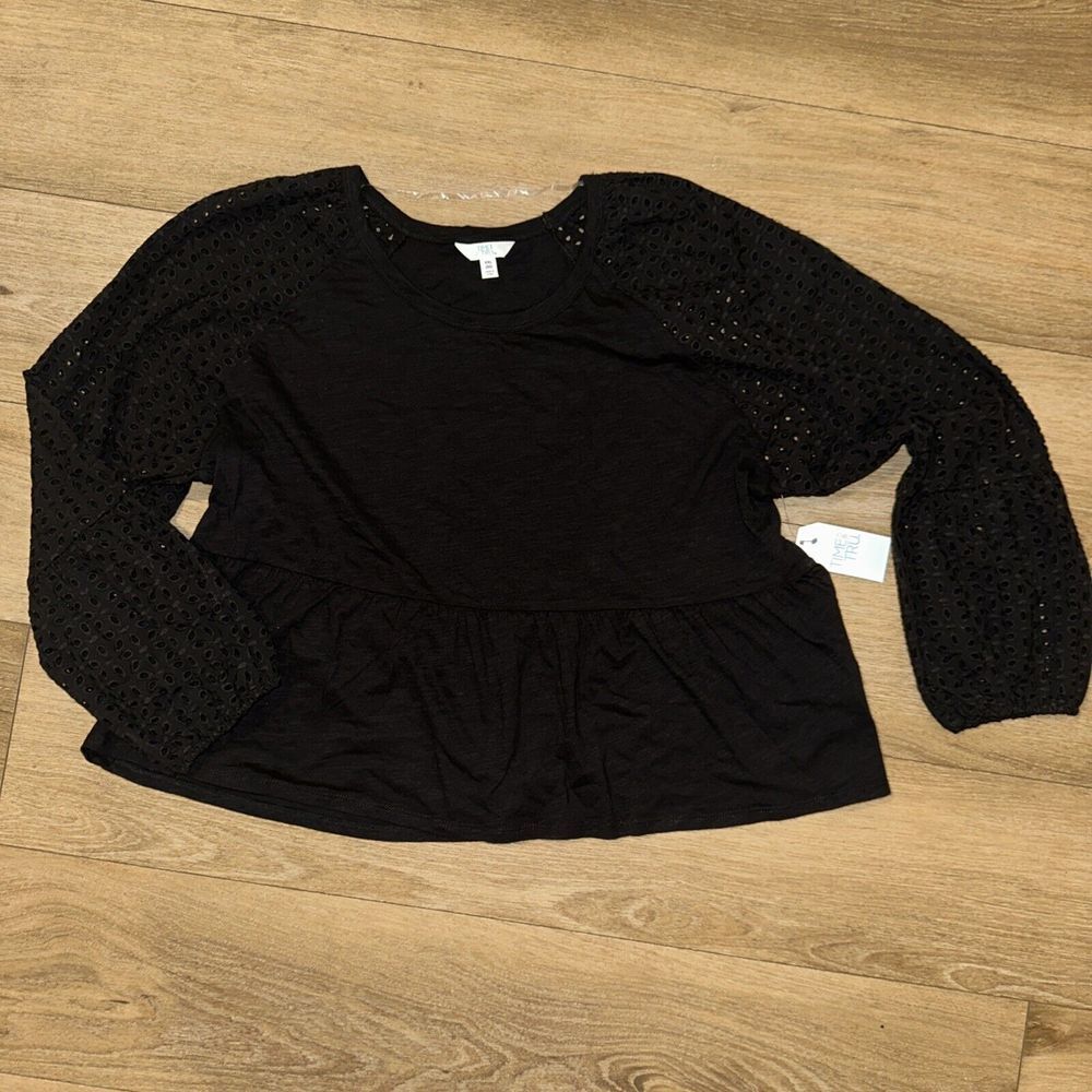 Time‎ And Tru Women's Plus Size Black Ruffle Bottom Eyelet Sleeve Shirt XXL(20)